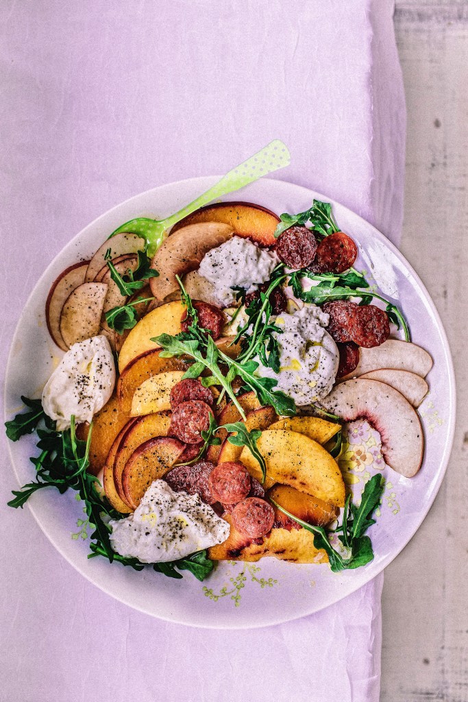 Peaches and Cream Salad with Spicy Pepperoni